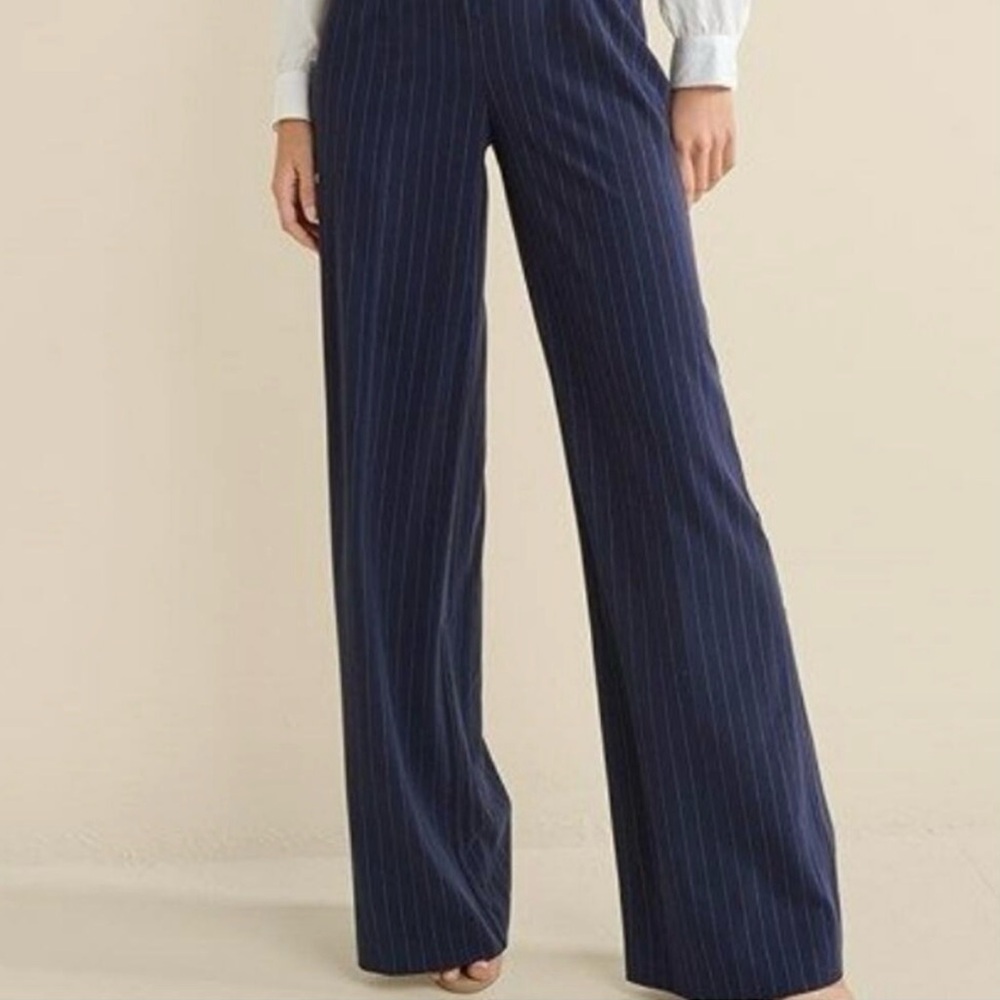 Free People High Waste Trouser, Wide Leg, Navy Blue with White Pinstripe